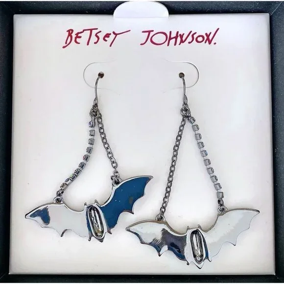 Betsey Johnson Halloween Iridescent Rhinestone Bat Goth Costume Earrings - Picture 5 of 6